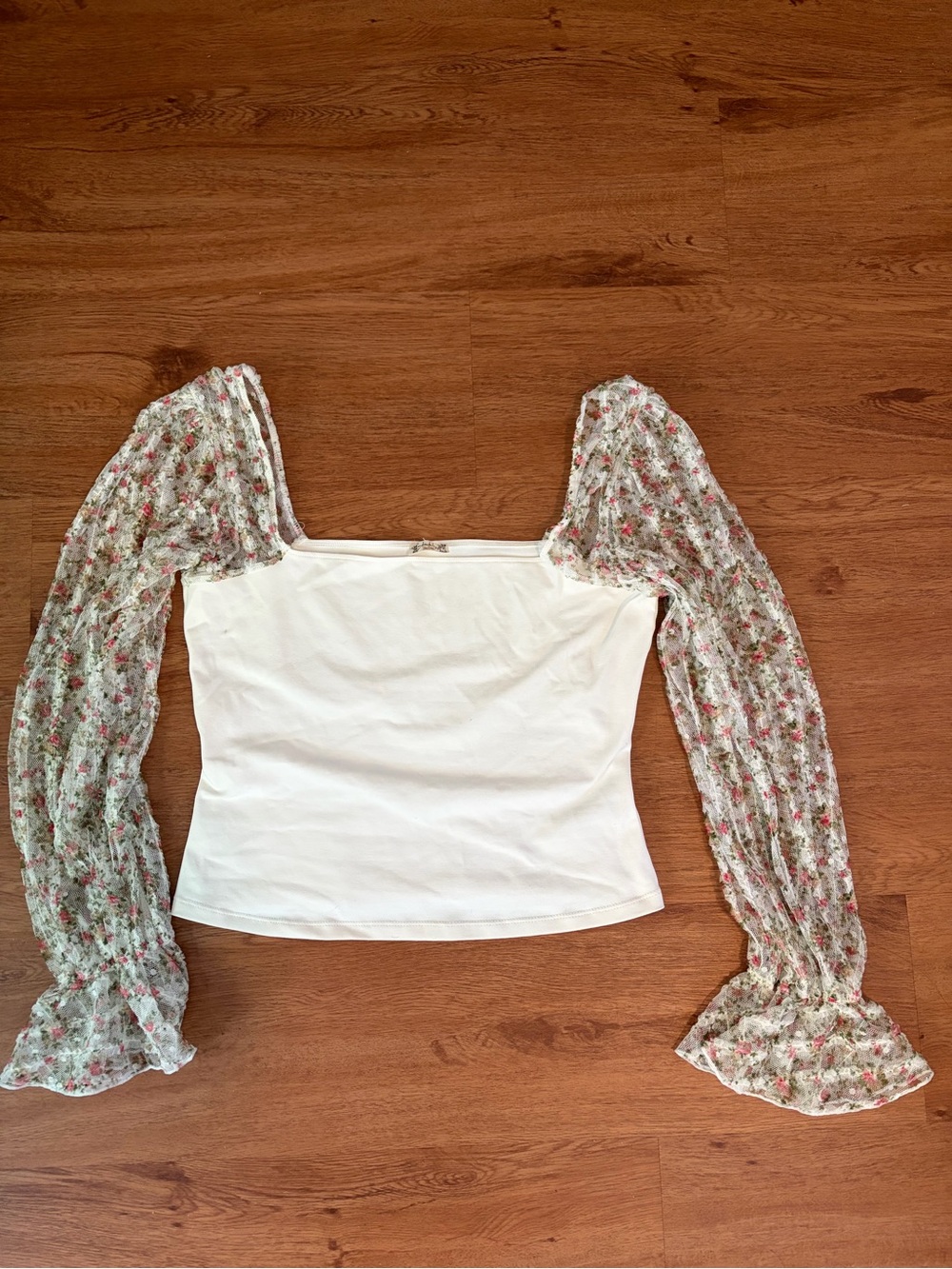 Free People White Square Neck Top with Floral Sheer Puff Sleeves